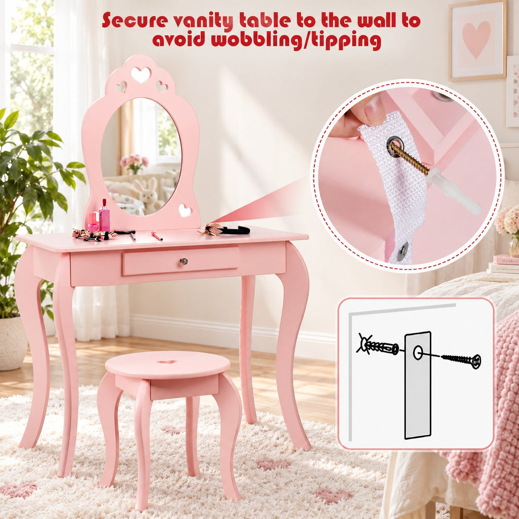 Airfind Kids Princess Makeup Dressing Play Table Set with Mirror, 33 lbs Capacity, MDF pine Frame, 27.5 Inch x 13.5 Inch x 41.5 Inch Footprint, Pink