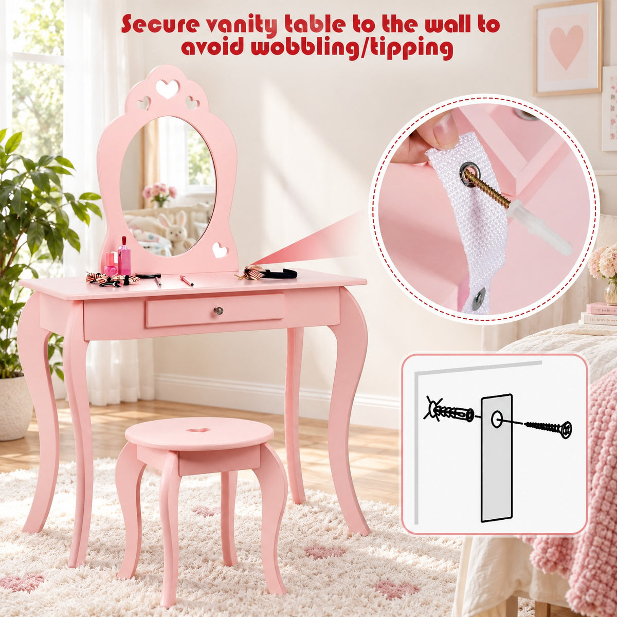 Airfind Kids Princess Makeup Dressing Play Table Set with Mirror, 33 lbs Capacity, MDF pine Frame, 27.5 Inch x 13.5 Inch x 41.5 Inch Footprint, Pink