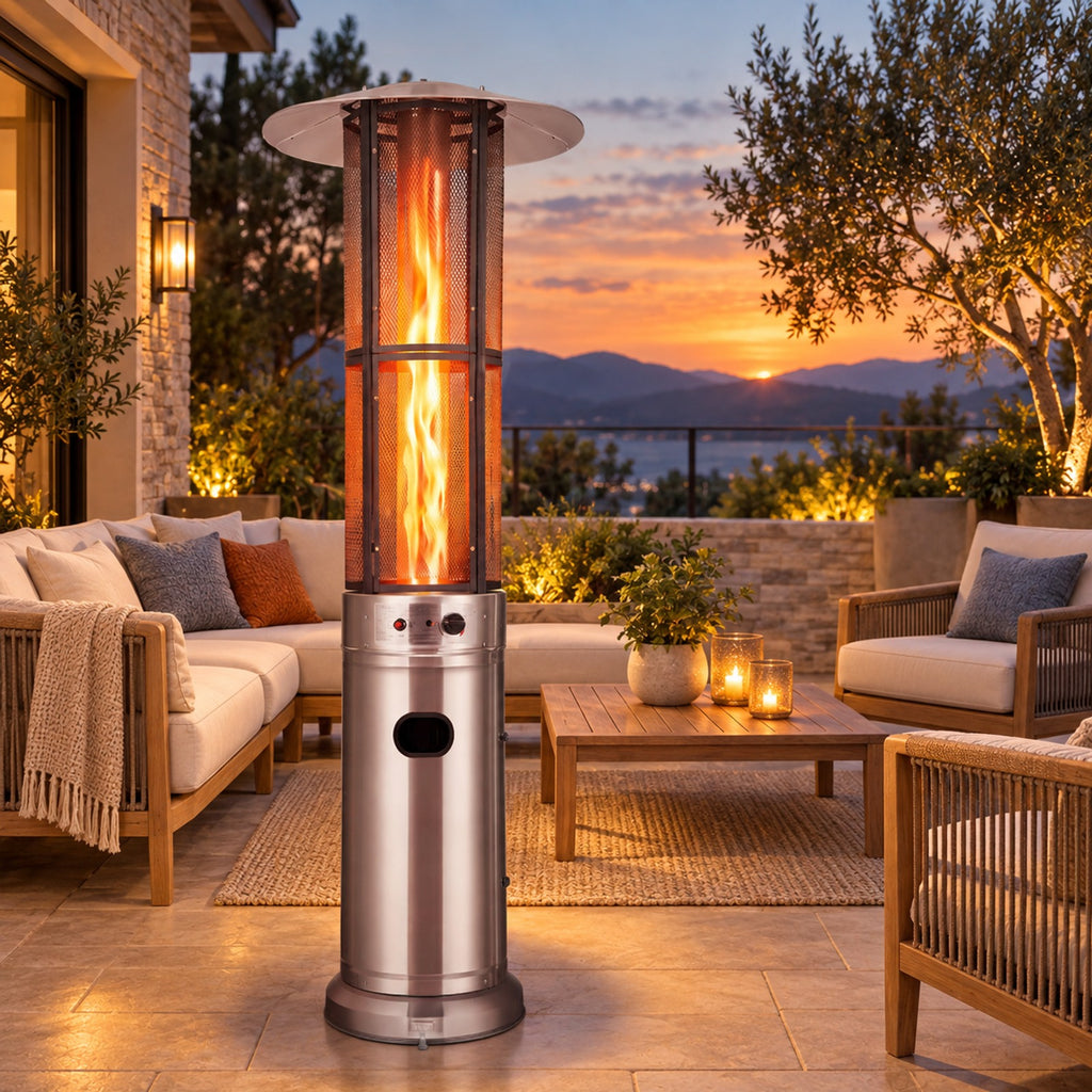 Airfind Outdoor Propane Patio Heater with Glass Tube and Tilt-Over Protection, Metal Frame, 27.5in x 74.5in Footprint, Silver