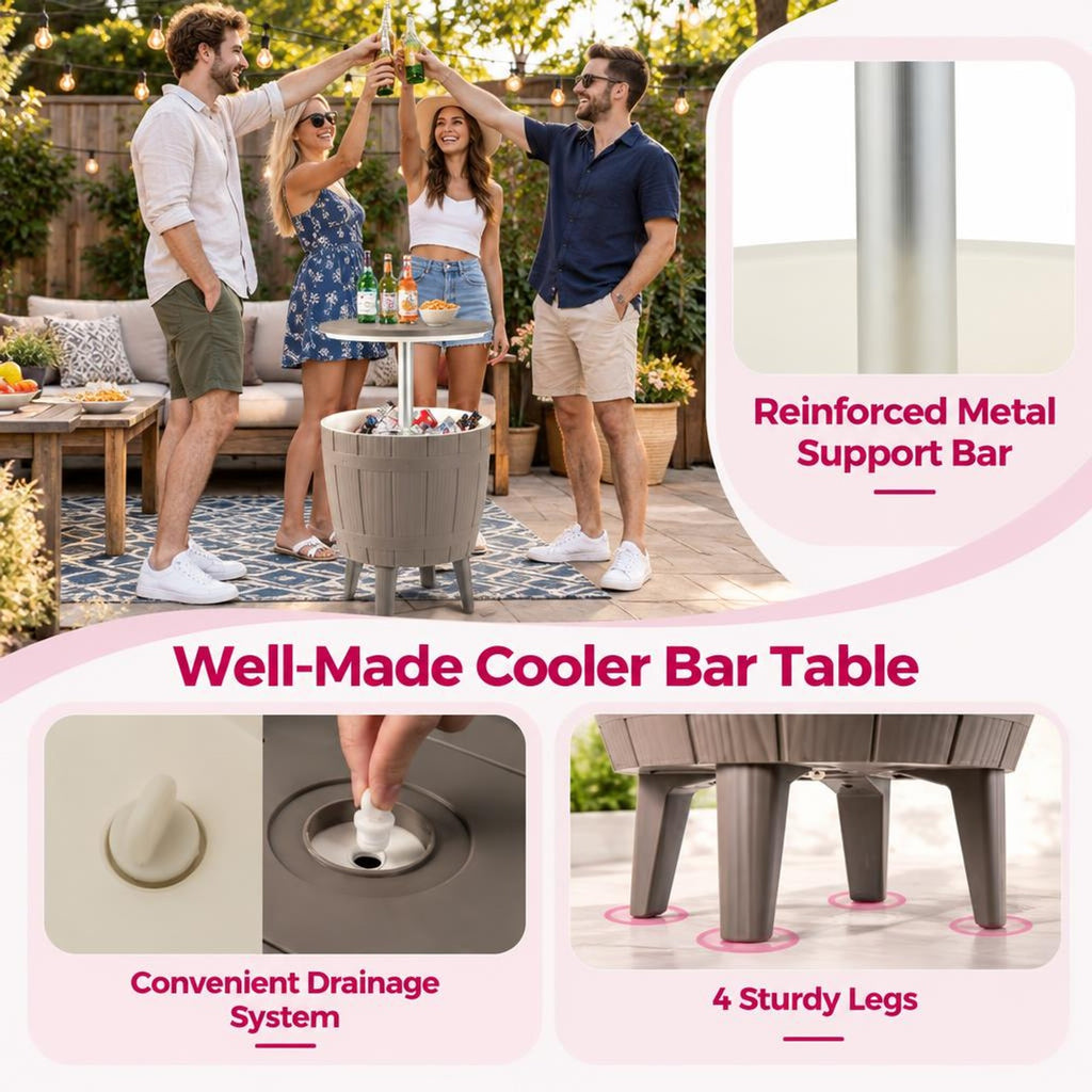 Airfind 10 Gallon Cooler Bar Table Outdoor Coffee Table Ice Bucket with Telescopic Tabletop for Beer and Wine, 110 lbs Bucket Capacity, Brown