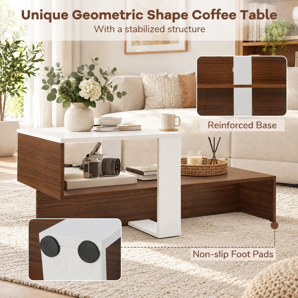 Airfind 2-Tier Geometric Coffee Table with Storage Shelves for Living Room and Reception Room, 110 lbs Capacity, Engineered Wood Frame, White