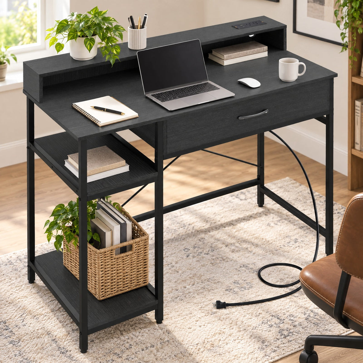 Airfind Computer Desk with Power Outlets 42inch Writing Desk with Hutch Drawer and 2 Open Shelves, 110 lbs Capacity, Engineered Wood Metal Frame