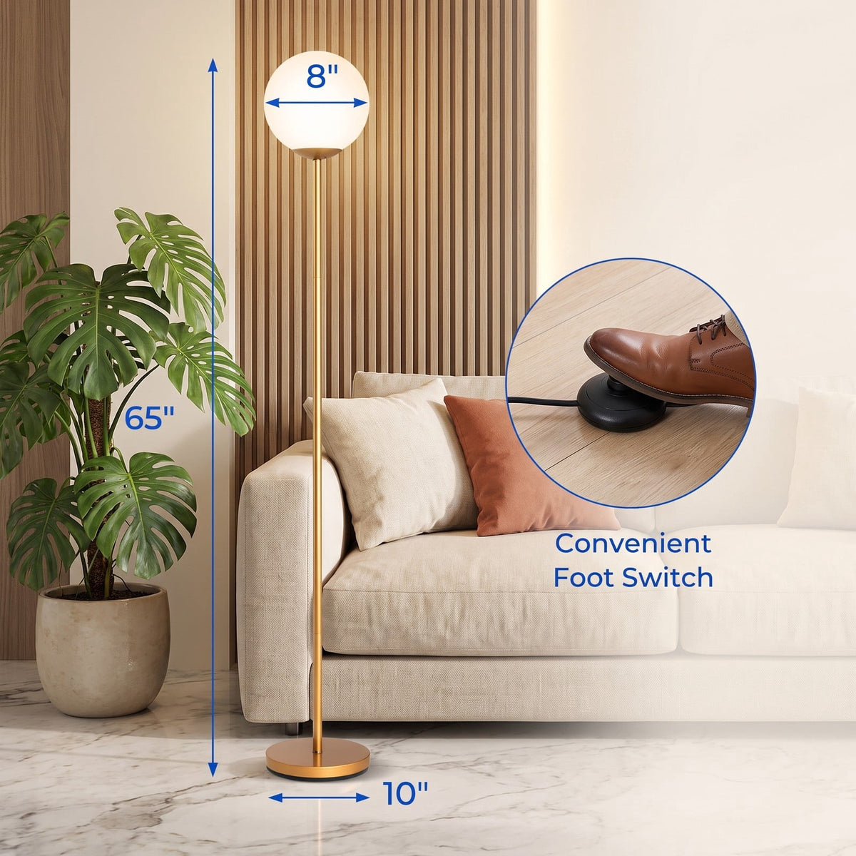 Airfind Glass Globe LED Floor Lamp with Glass Lampshade, A3 steel Frame, 8in x 10in x 65in (L x W x H) Lampshade Footprint, Golden