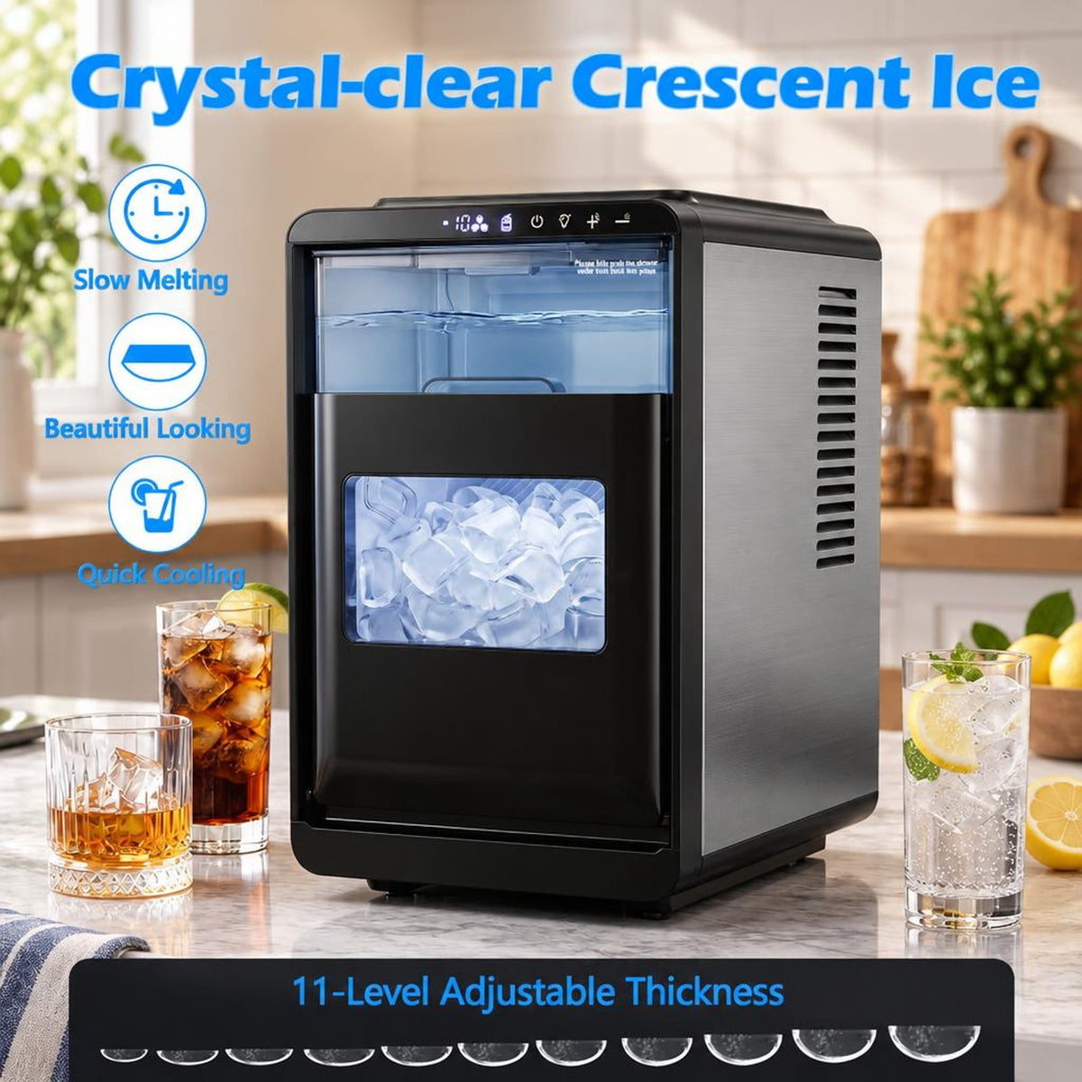 Airfind Crescent Ice Maker Countertop 26 lbs/24h Ice Machine featuring 16 Crescent Cubes, Stainless Steel ABS PP Frame, Black