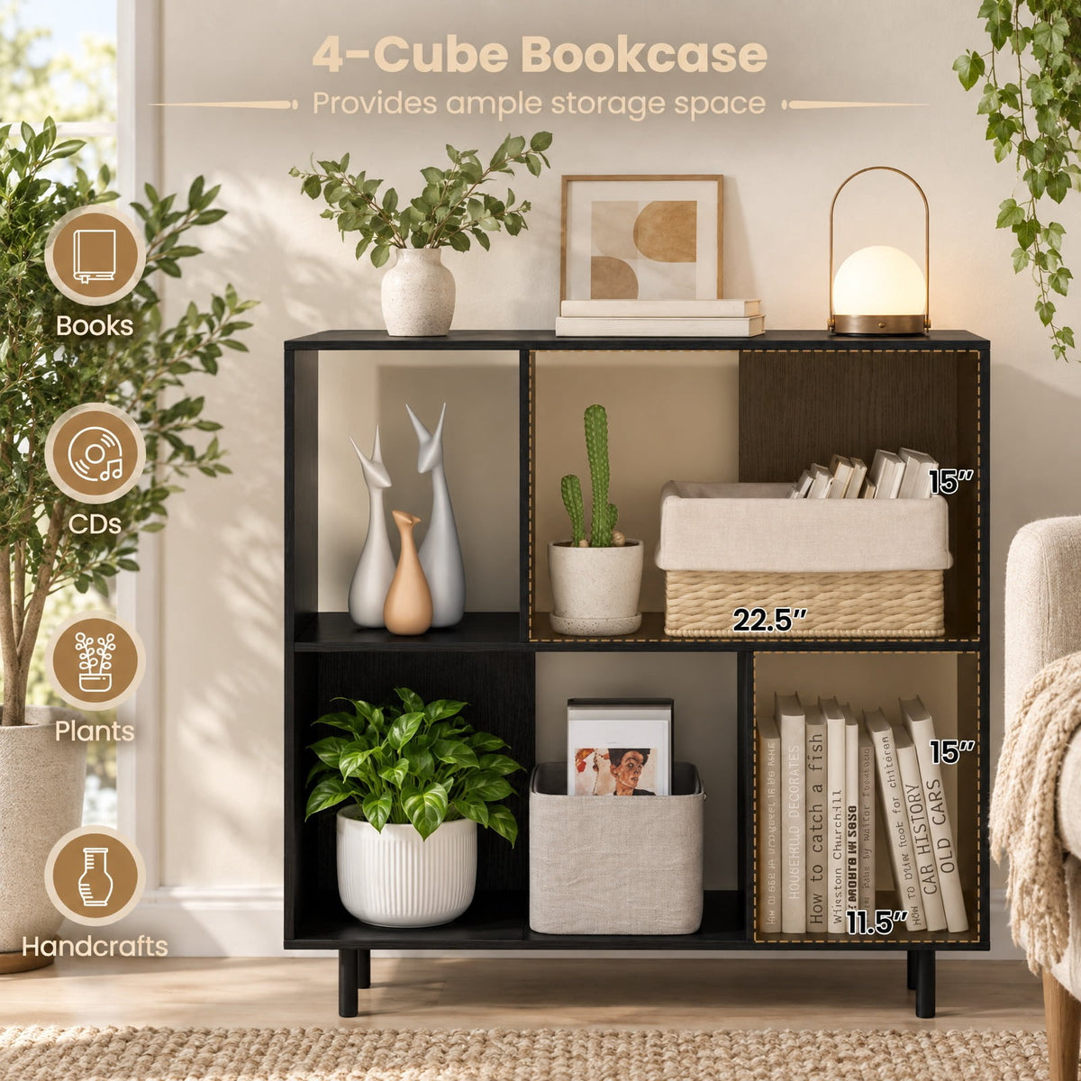 Airfind Open Shelf Bookcase with 4 Compartments, Black, 4-cube bookcase provides ample storage space, Assembly is required before use