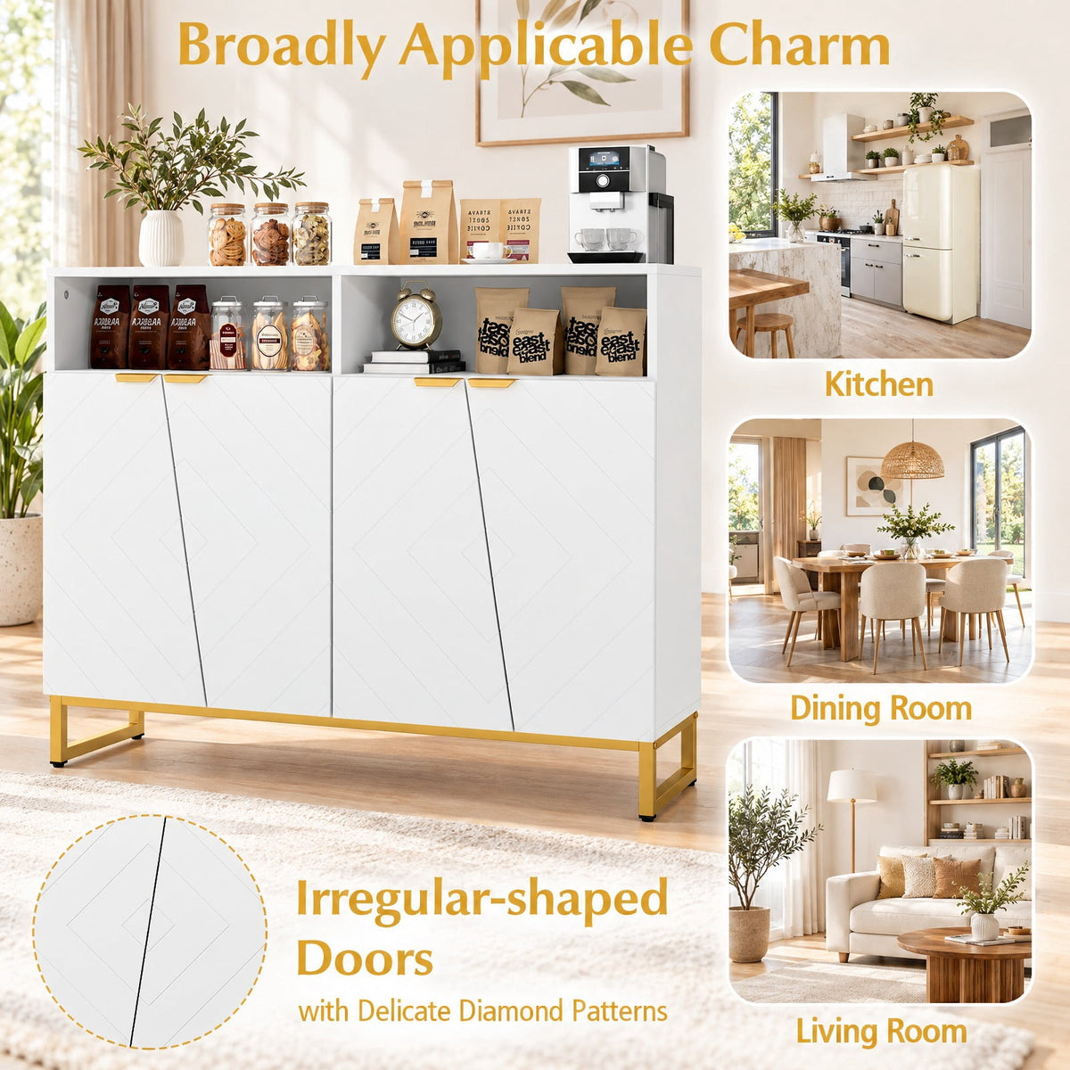 Airfind Modern Sideboard Cabinet with 4 Doors and Adjustable Shelves, 220 lbs Capacity, MDF Metal Frame, 40 x 12 x 32/100 x 30 x 80 cm Footprint