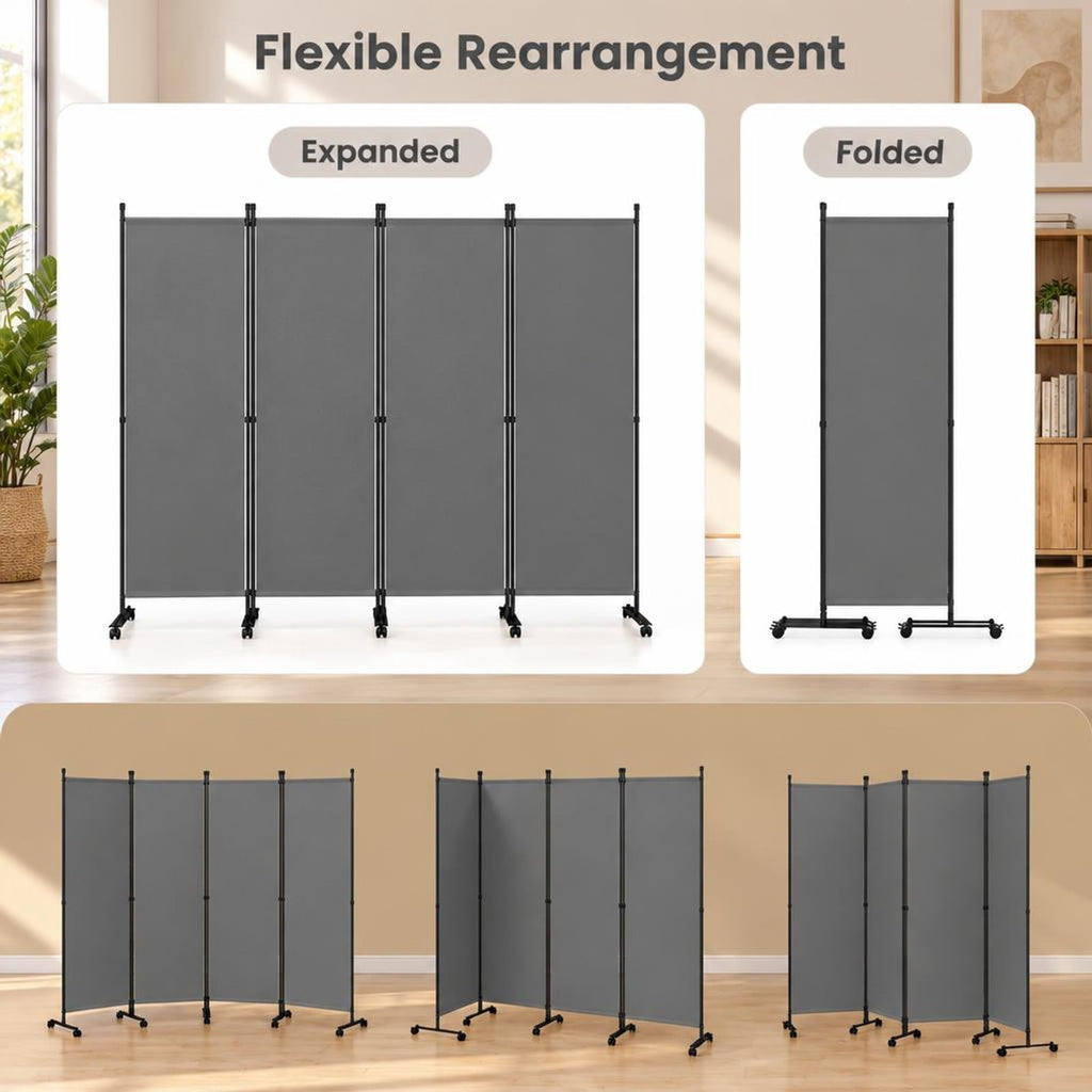 Airfind 4-Panel Room Divider with Lockable Wheels for Living Room, Polyester Fabric Metal Frame, 87in x 14in x 68in Footprint, Gray