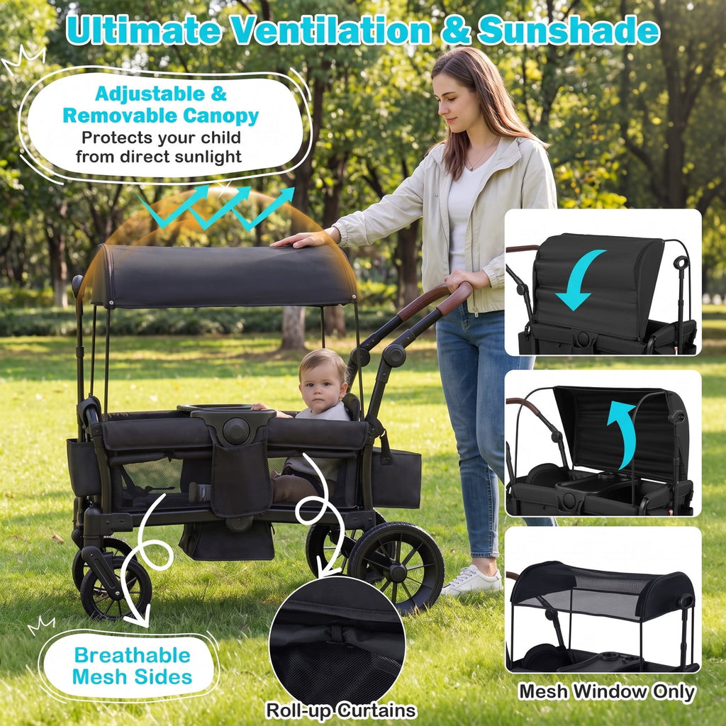 Airfind Foldable Wagon Stroller for 2 Kids Double Seater Toddler Stroller with Removable Canopy, 55 lbs Capacity, for 6-36 Months Old, Black