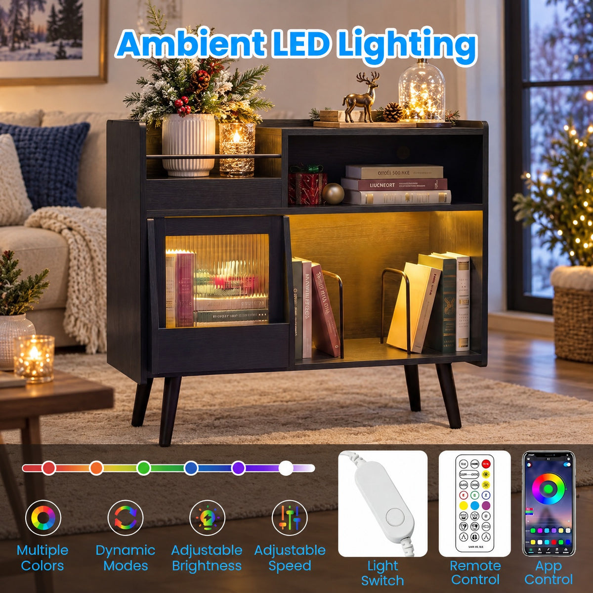 Airfind Record Player Stand with LED Light and Power Outlets, 66 lbs Capacity, PC board Plastic