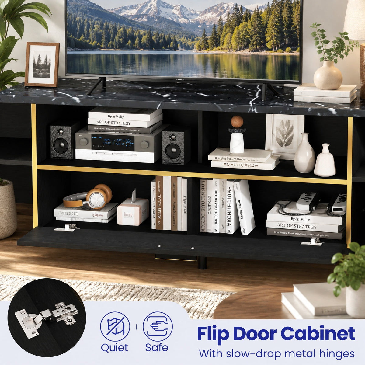 Airfind 63 Inch TV Stand with Flip Door Cabinet for TVs up to 75 Inch, 165 lbs Capacity, Engineered Wood MDF Metal Frame, Black
