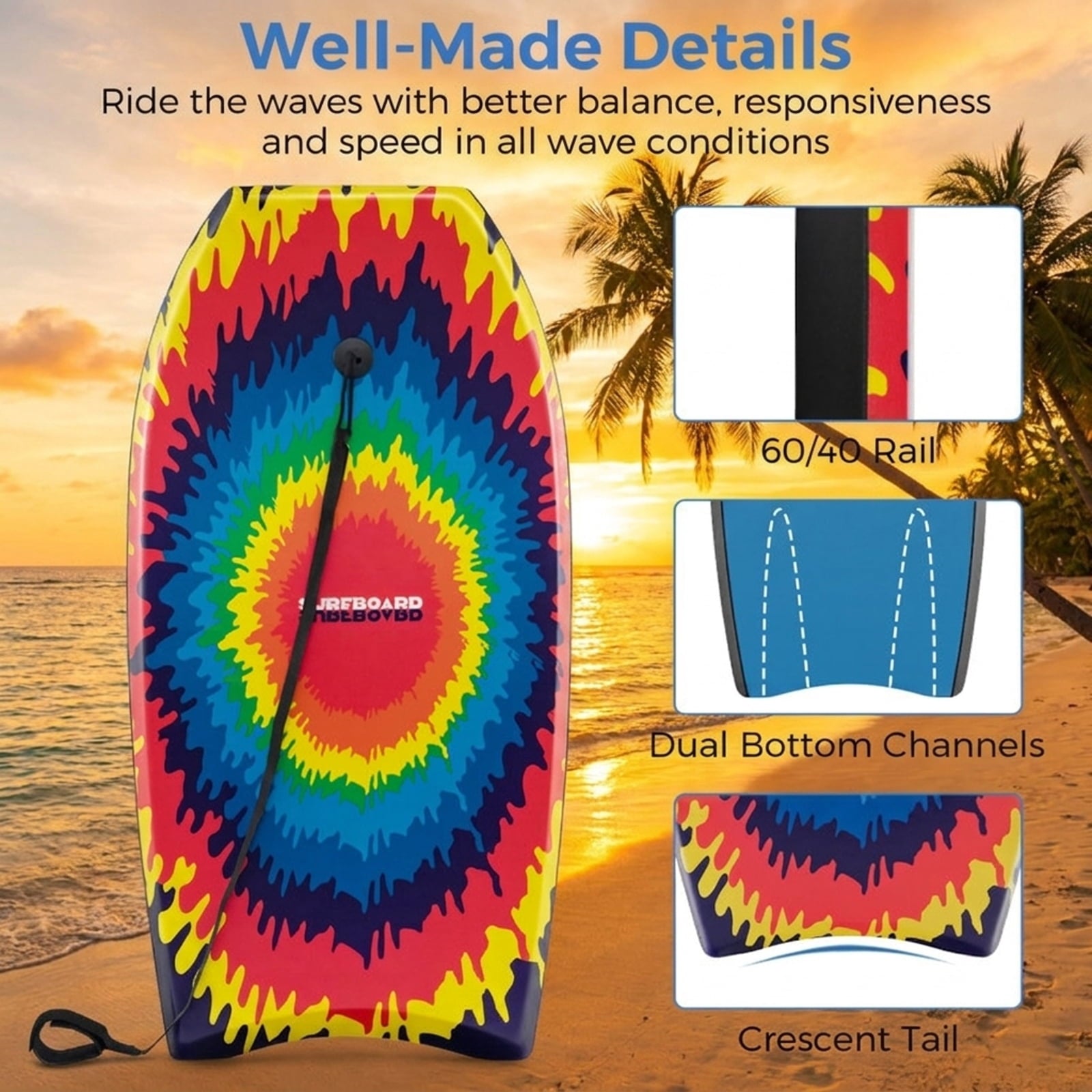 Airfind 41 Boogie Board with Geometric Drift Graphic Deck ¡ª EPS Core, XPE Top, HDPE Slick Bottom, Crescent Tail, Coiled Wrist Leash