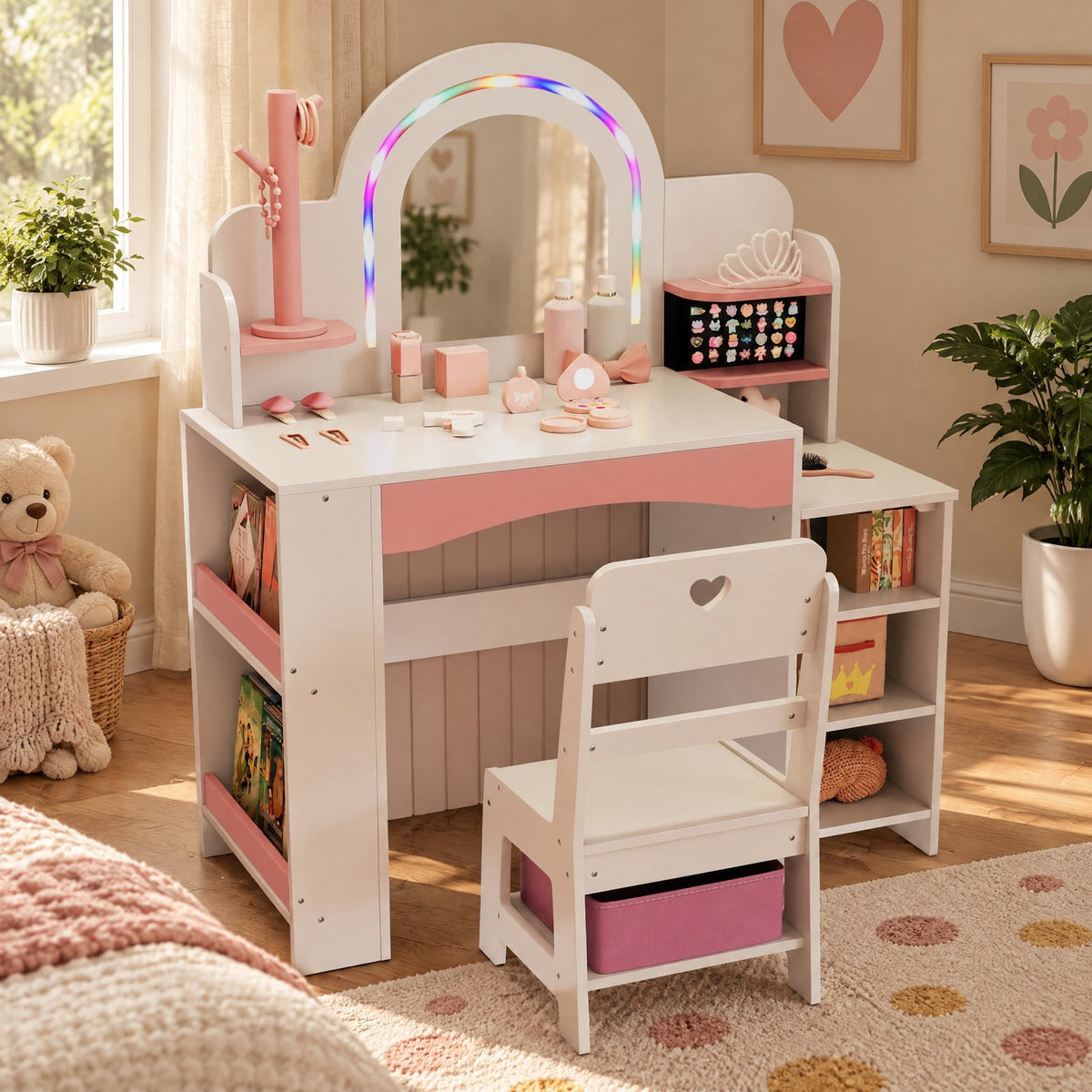 Airfind Kids Vanity Set with Colorful LED Lights Princess Makeup Dressing Table with Chair, 110 lbs Capacity, MDF Frame, 34in x 15.5in x 41in Footprint