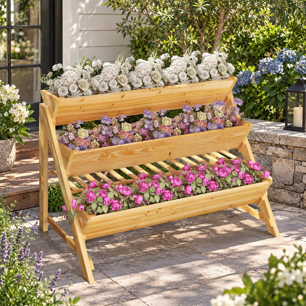 Airfind 3 Tier Wooden Vertical Raised Garden Bed with Storage Shelf, Fir wood Frame, 47 x 30 x 32 Footprint, Natural