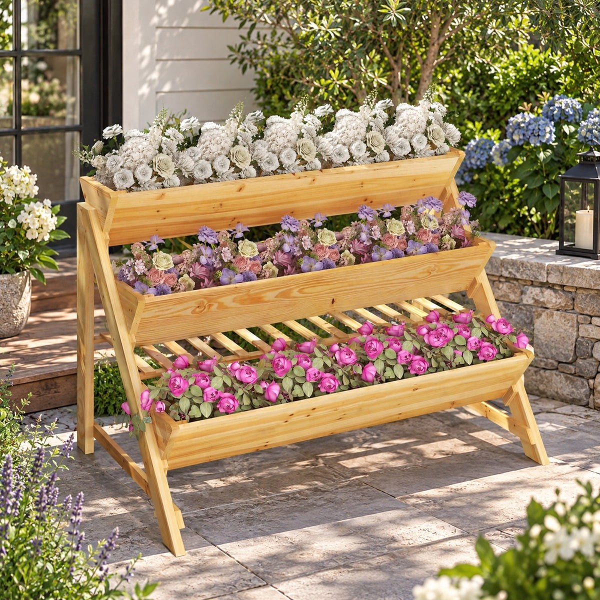 Airfind 3 Tier Wooden Vertical Raised Garden Bed with Storage Shelf, Fir wood Frame, 47 x 30 x 32 Footprint, Natural