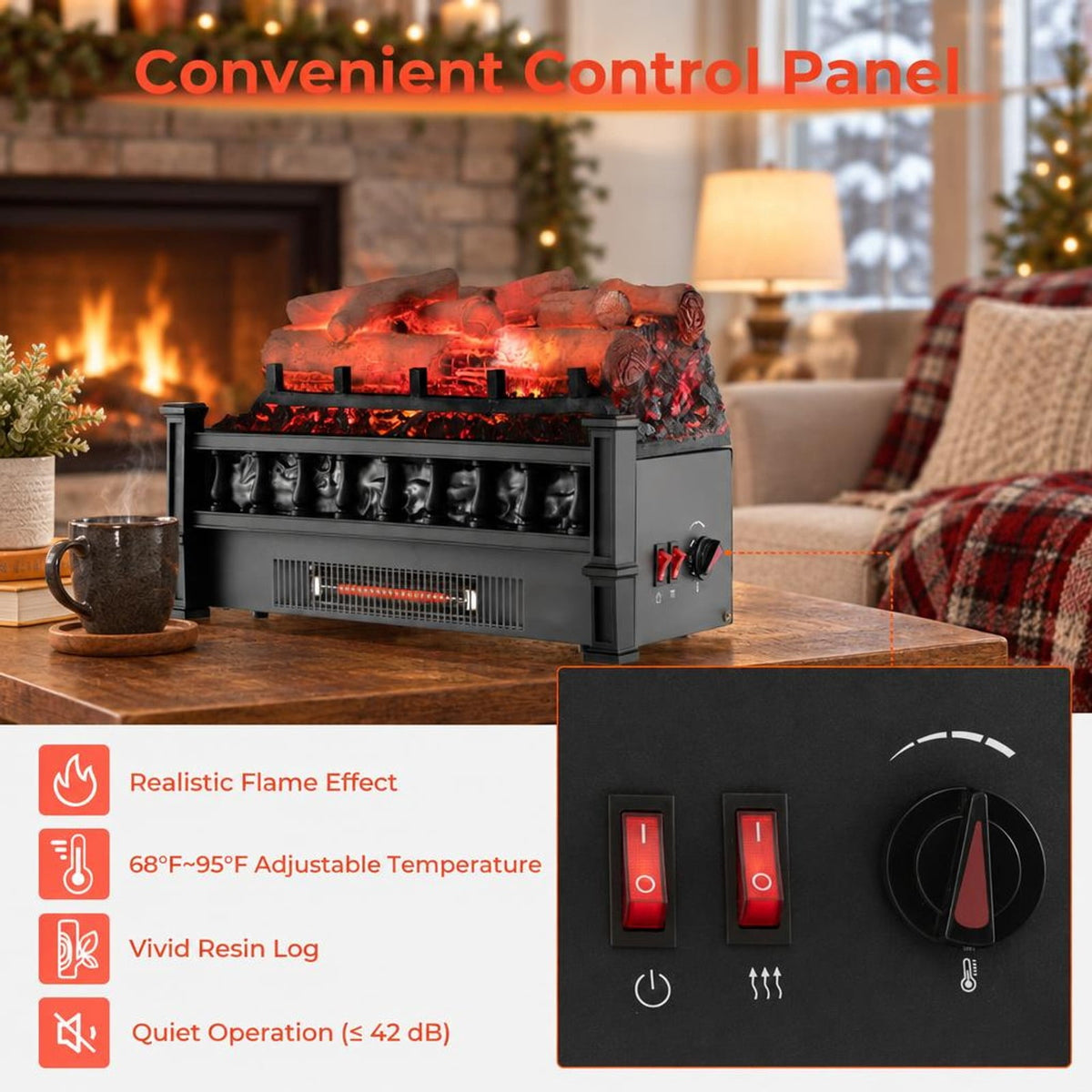 Airfind 20 Inch Electric Fireplace Heater with Realistic Birchwood Ember Bed, Black, Easy to operate with functional control panel