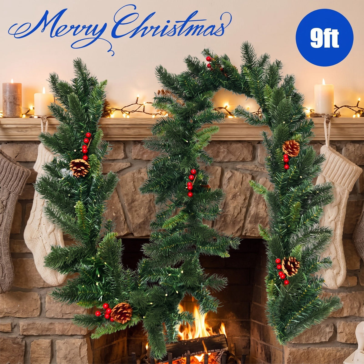 AIRFIND Pre-lit Christmas Garland with 9 Ft Length with 100 LED Lights and 140 PVC Tips for Doorway and Mantel Decor, Red