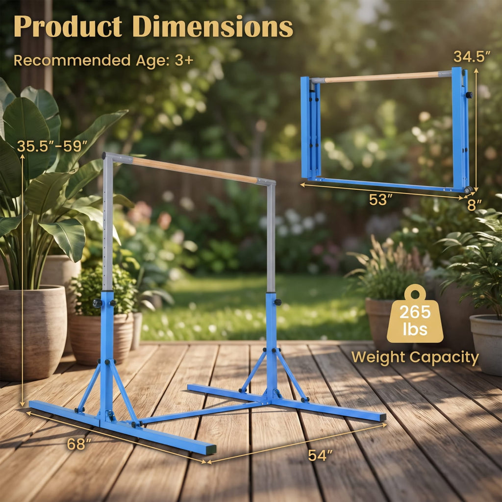 Airfind Foldable Gymnastics Bar for Kids with 3 Level Adjustable Height and Bamboo Grip Bar for Home Balance and Coordination Training, Blue