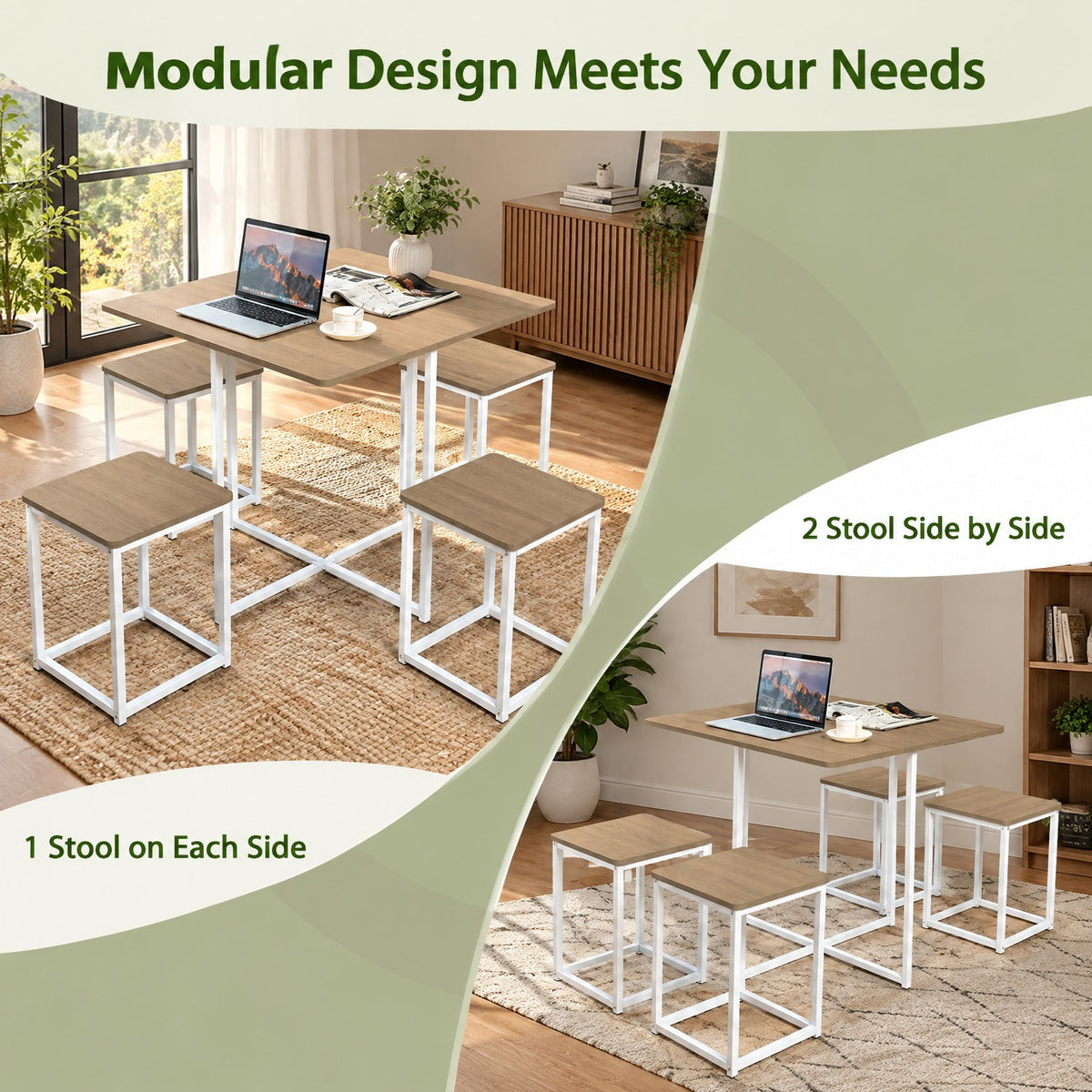 Airfind 5 Pieces Metal Frame Dining Set with Compact Dining Table and 4 Stools, Steel MDF Frame, 31in x 31in x 30in Footprint, Natural