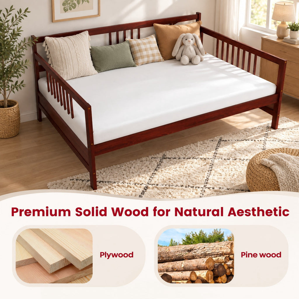 Airfind Classic Wooden Full Size Daybed Frame with Guardrails, 250 lbs Capacity, Pine wood plywood MDF Frame, Brown