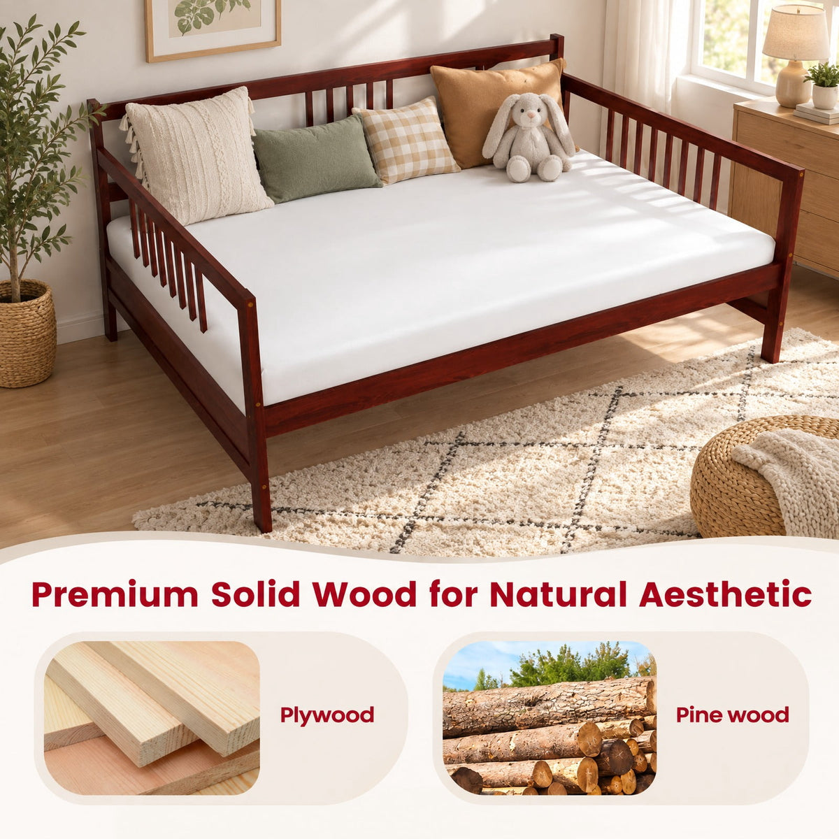Airfind Classic Wooden Full Size Daybed Frame with Guardrails, 250 lbs Capacity, Pine wood plywood MDF Frame, Brown