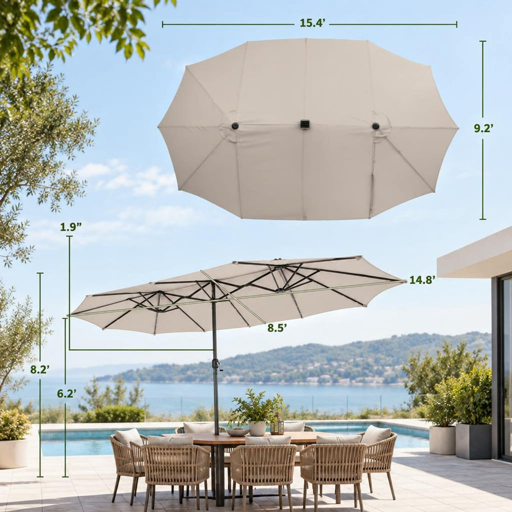 Airfind 15 Feet Twin Patio Umbrella with 48 Solar LED Lights, Steel polyester fabric Frame, 15.4 x 9.2 x 8 (L x W x H) Pole Footprint, Beige
