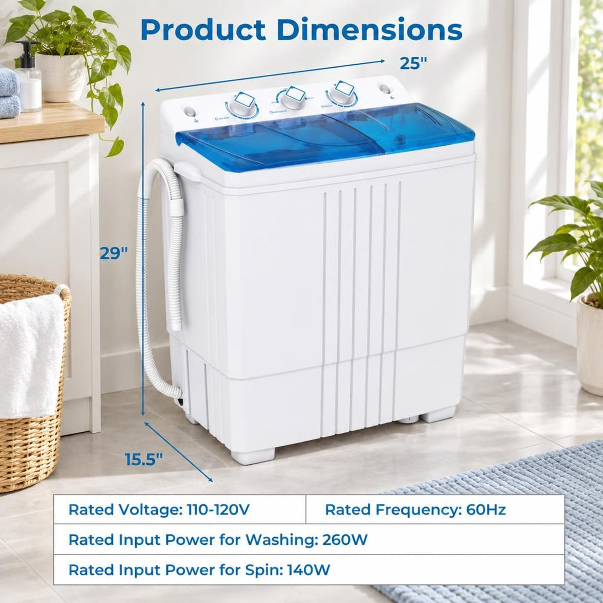 Airfind Portable Washing Machine with Built-in Drain Pump, PP Frame, Blue, Suitable for home apartment dorm and RV