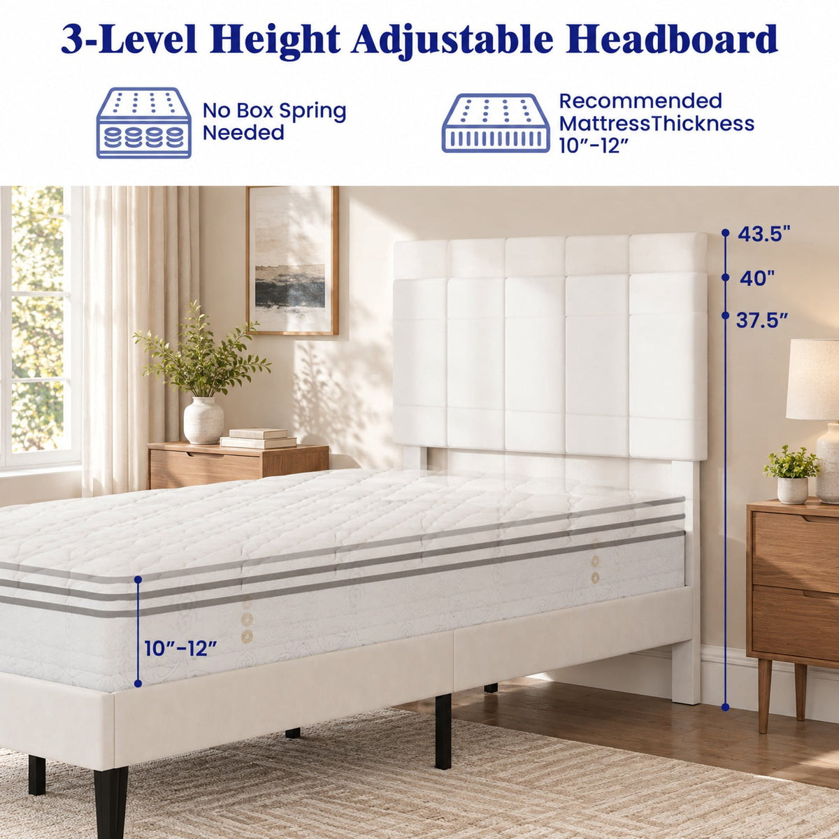 Airfind off-white Linen Upholstered Platform Bed with Height Adjustable Vertical Channel Headboard, 500 lbs Capacity, Velvet Frame, Off-White