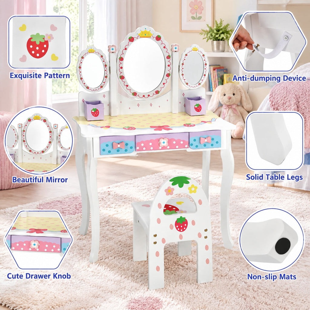 Airfind Kids Vanity Princess Makeup Dressing Table Chair Set with Tri-fold Mirror, 44 lbs Capacity, MDF Frame, White