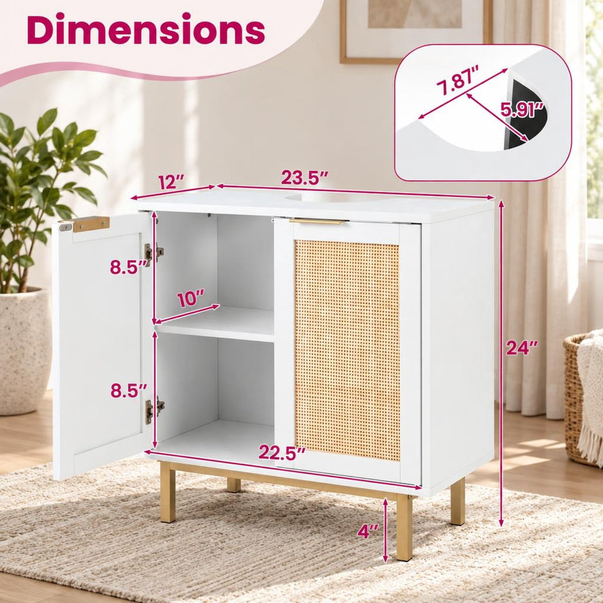 Airfind Bathroom Vanity Cabinet with U-Shaped Cut-Out 2 Rattan Doors and Shelf, 66 Lbs Capacity, Engineered Wood Metal Rattan, White