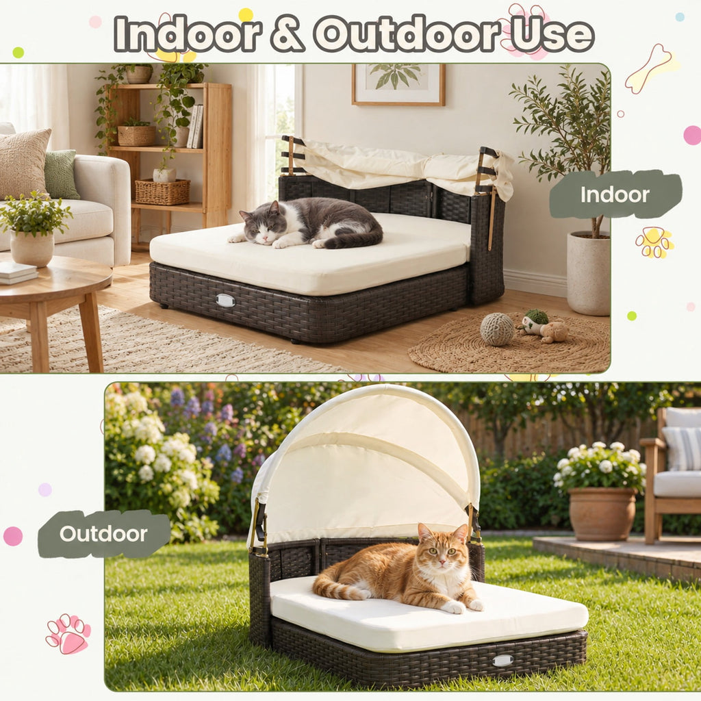 Airfind Handwoven Rattan Pet Daybed with 2 Detachable Soft Cushions for Small and Medium Dogs, 165 Lbs Capacity, PE Rattan Polyester Steel, White