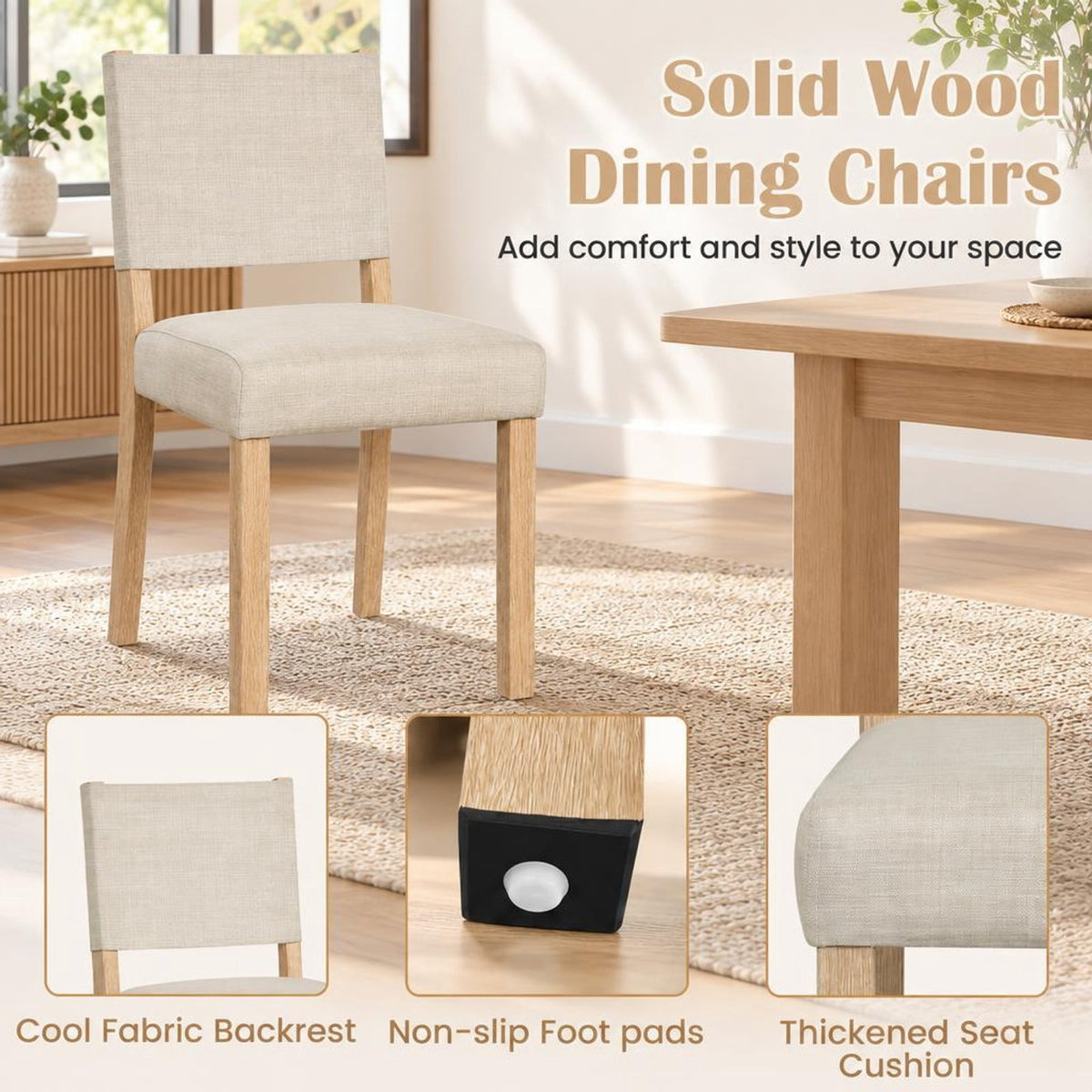 Airfind Upholstered Dining Chairs with Solid Rubber Wood Legs Set of 2, 330 lbs Capacity, Rubber Wood Engineered Wood Linen Fabric Sponge Frame