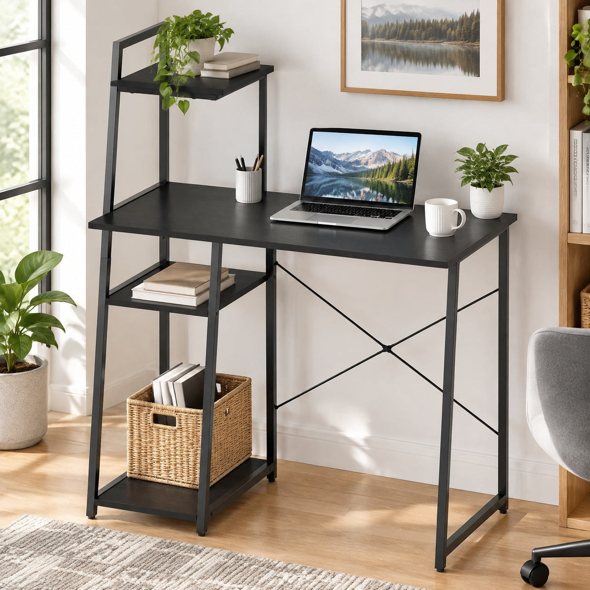 Airfind Computer Desk with Shelves and 3-Tier Storage Bookshelf, Metal Engineered Wood Frame, 39.5 x 20 x 47.5 Footprint, Black