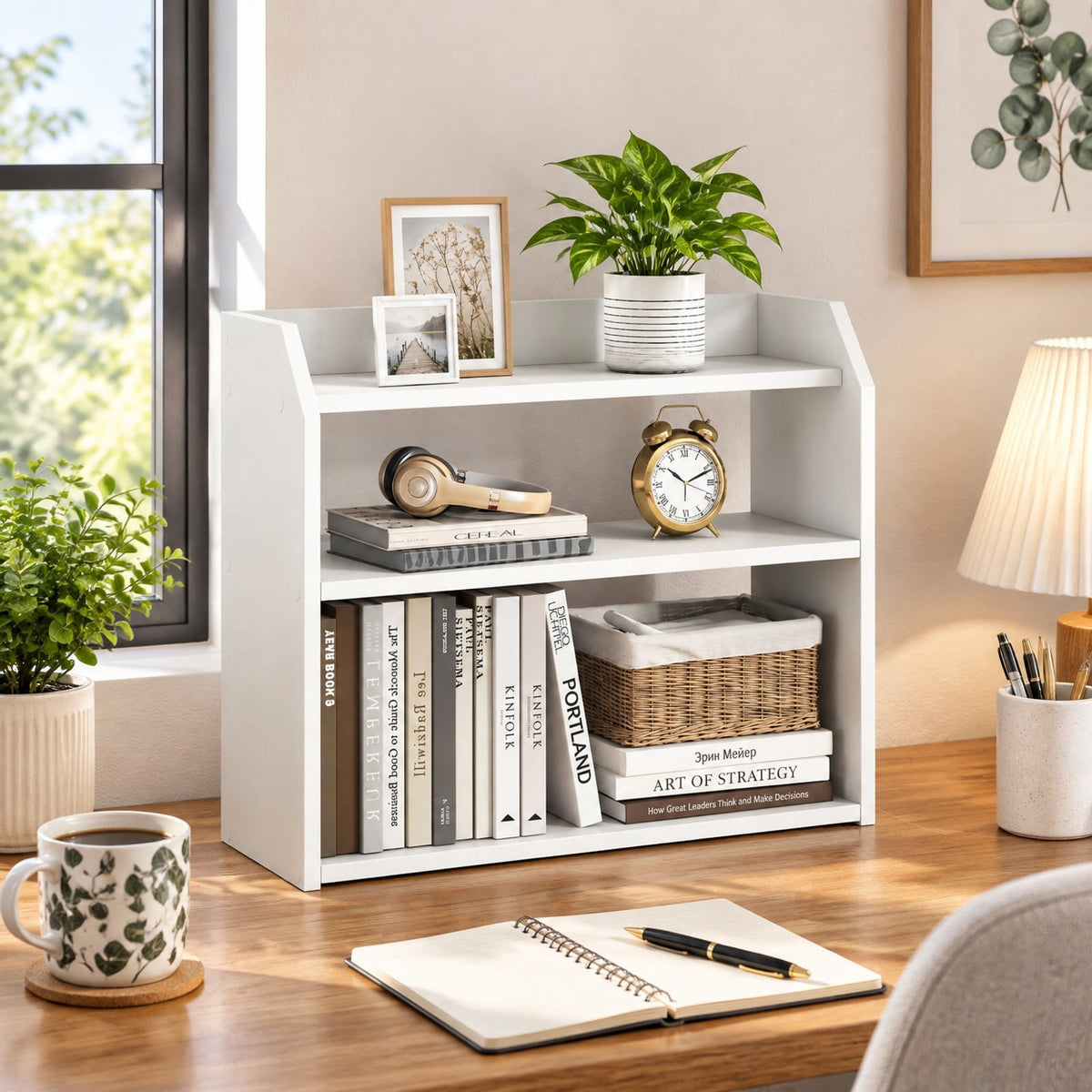 Airfind 3-Tier Desktop Bookshelf Wooden Countertop Bookcase with Raised Top Guardrails, 33 lbs Capacity, Engineered Wood Frame, White