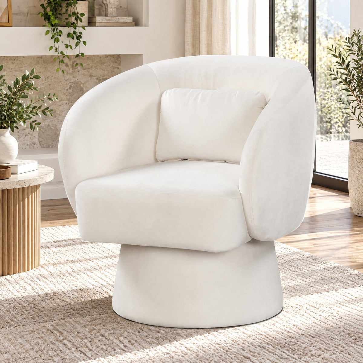 Airfind Swivel Accent Chair Upholstered Barrel Chair with Curved Back and Removable Lumbar Pillow, 400 lbs Capacity, 28.5 x 26.5 x 30.5 Footprint