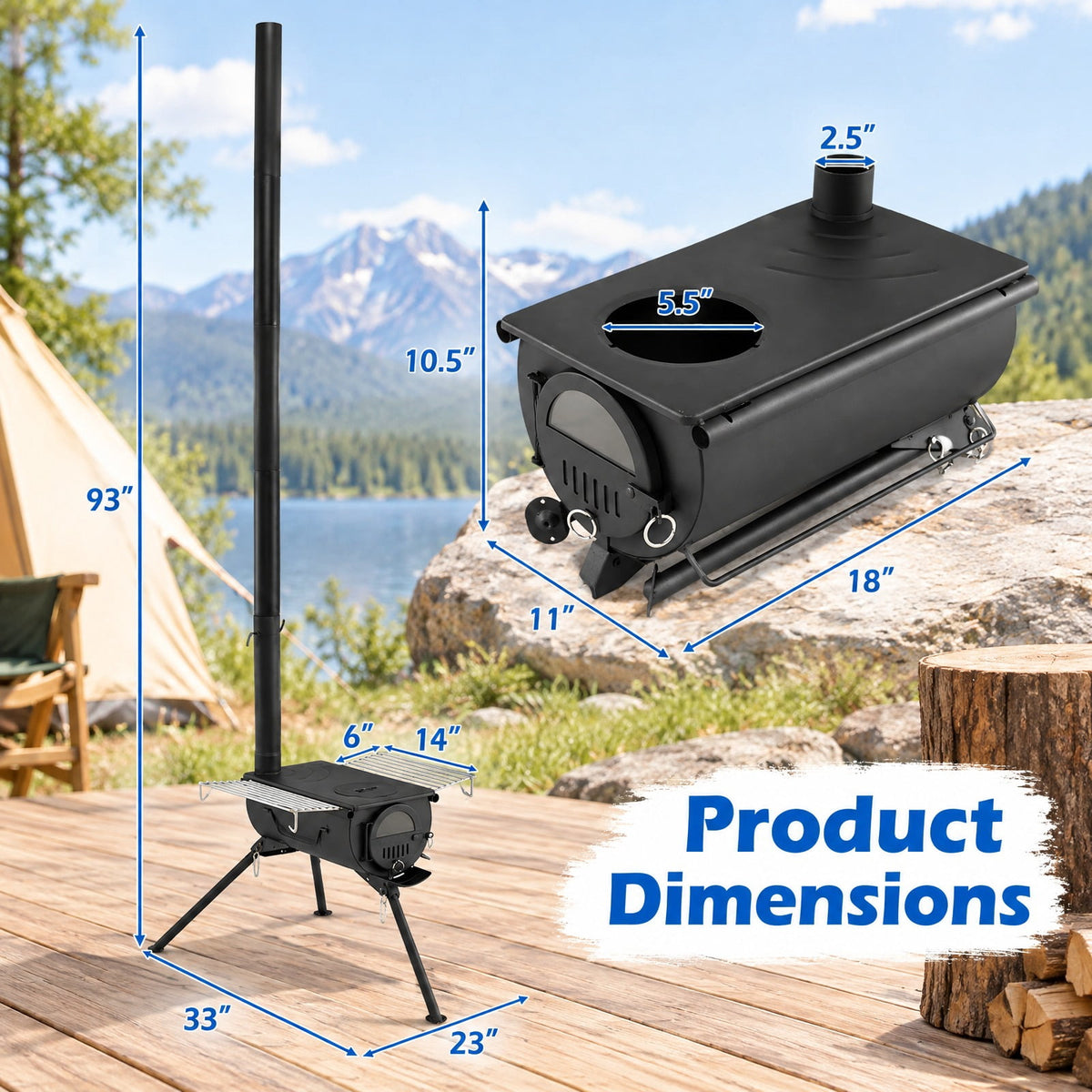Airfind Hot Tent Stove with Chimney Pipes and Foldable Legs for Outdoor Heating, Carbon Steel Stainless Steel Frame, 33 Inch x 23 Inch x 93 Inch Footprint, Black