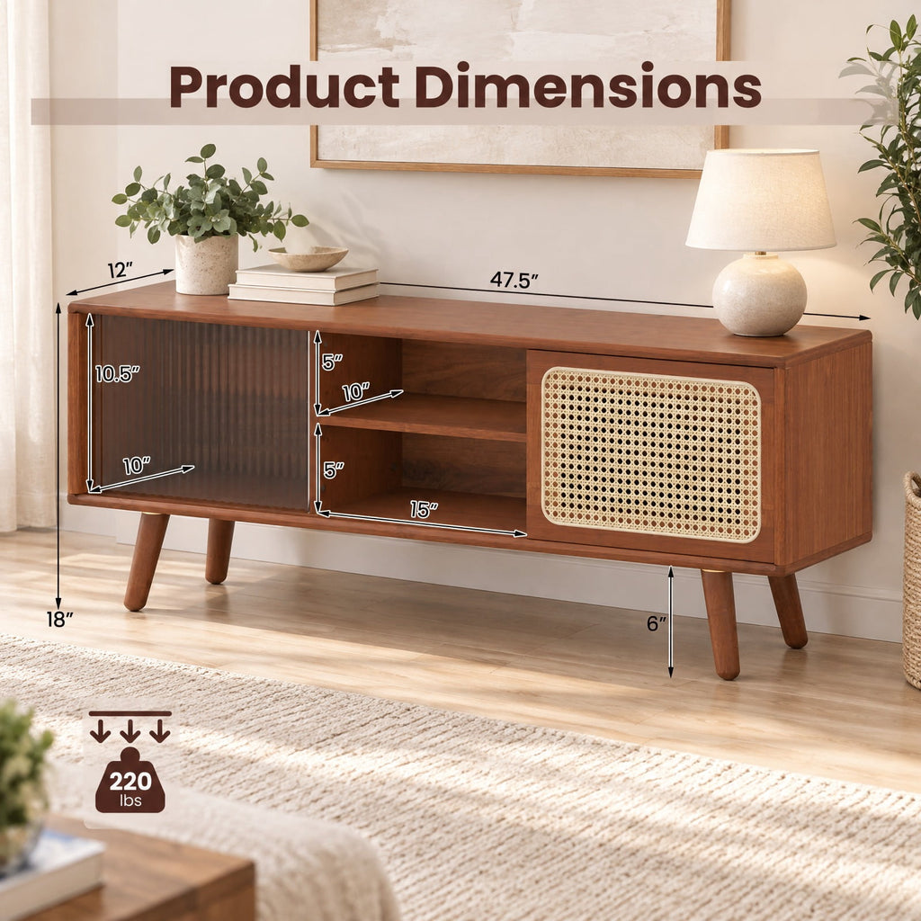 Airfind Modern TV Stand with Rattan Glass Sliding Doors, Bamboo Rubber Wood Rattan Tempered Glass Frame, 47.5 x 12 x 18 Footprint, Brown