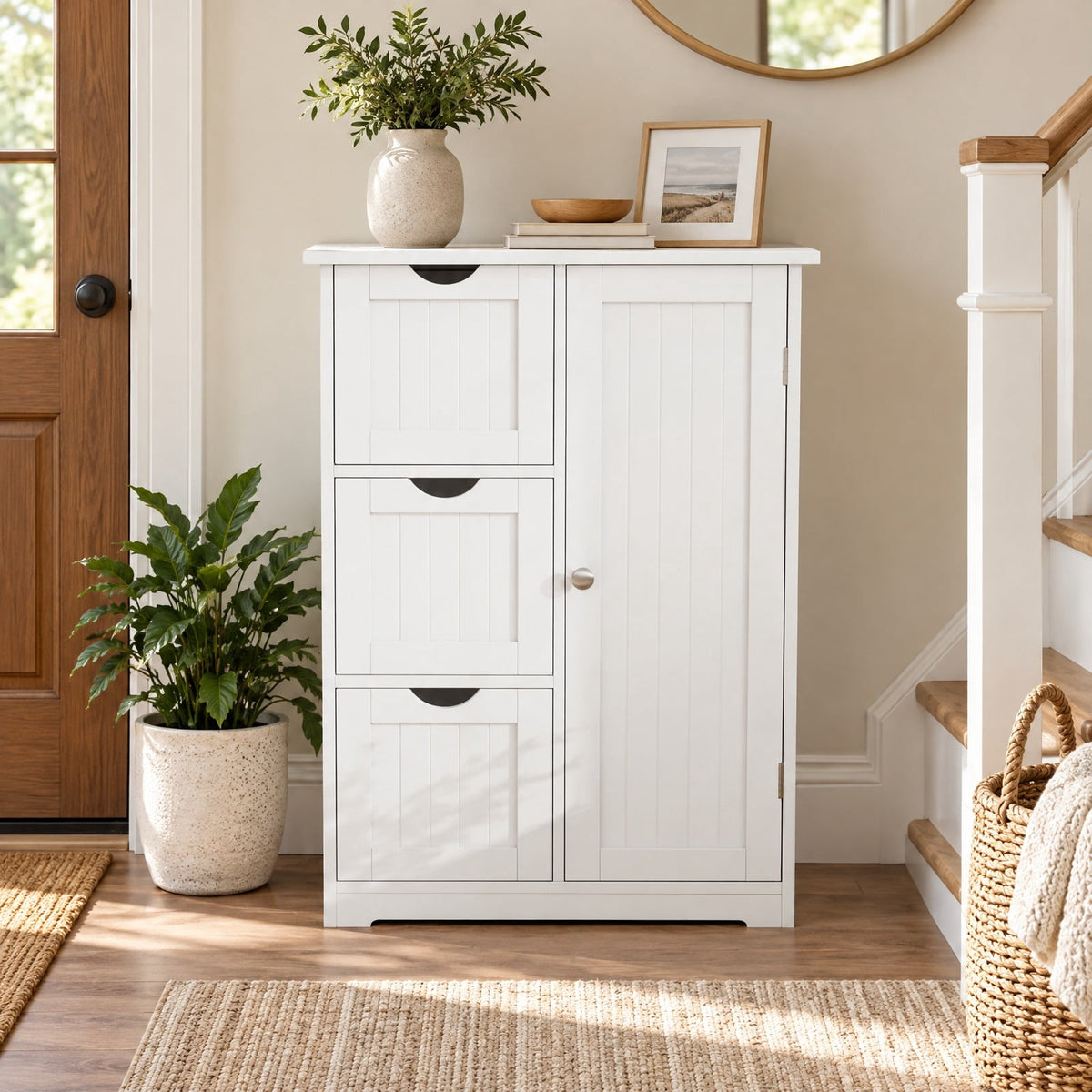 Airfind Bathroom Floor Cabinet Side Storage Cabinet with 3 Drawers and 1 Cupboard, MDF Frame, 24 x 12 x 32 Footprint, White