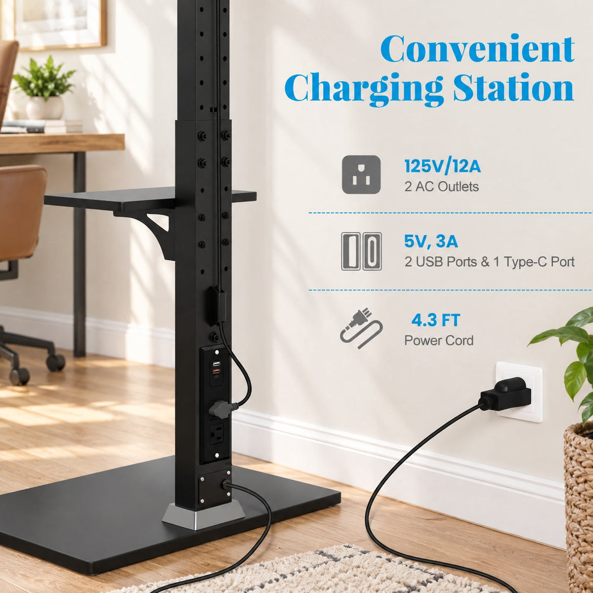 Airfind Tilt and Height Adjustable Floor TV Stand featuring Power Outlet and Adjustable AV Shelf, 110 lbs Capacity, MDF Metal Frame, Black