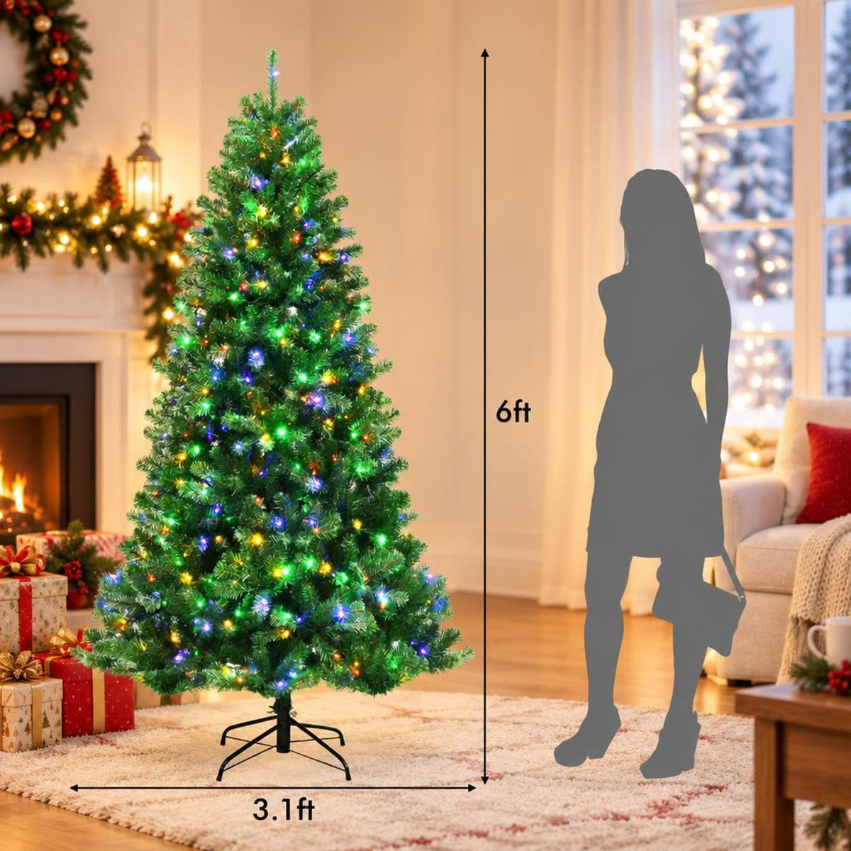 Airfind Artificial Hinged Christmas Tree with Remote-controlled Color-changing LED Lights-6ft, New PVC metal 6 Ft: Frame, 6ft x 3.1ft Footprint, Green