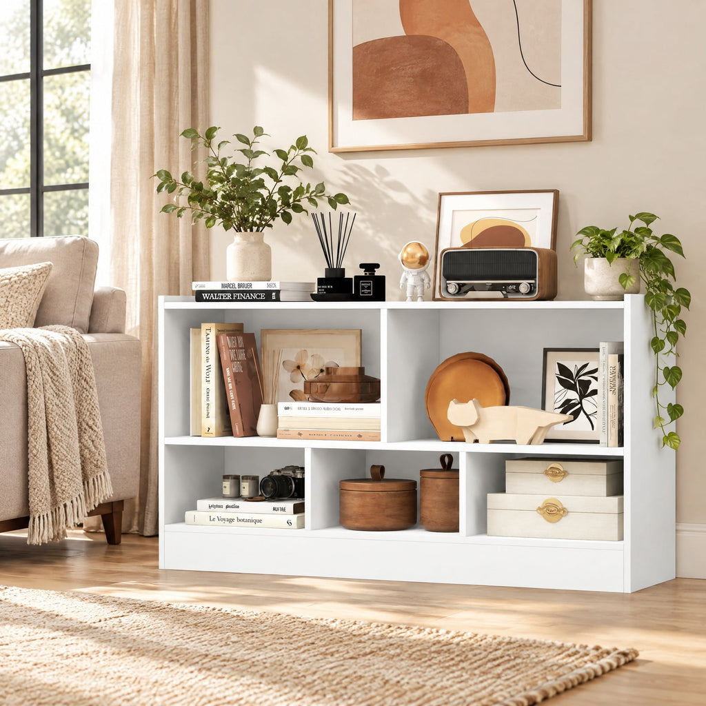 Airfind Kids 5-Cube Bookcase and Toy Storage Organizer, 2-Tier Low Shelf, 44 Inches Wide, for Playroom and Bedroom, White