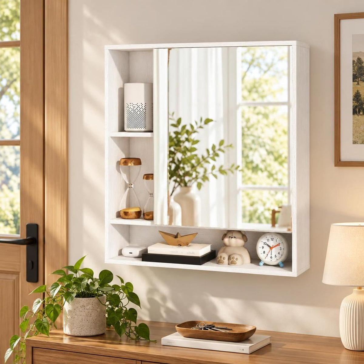 Airfind Wall Mounted Bathroom Cabinet with Mirror Single Door, 176 lbs Capacity, Glass MDF Engineered Wood Frame, 21.5 Inch x 6.5 Inch x 24 Inch Footprint
