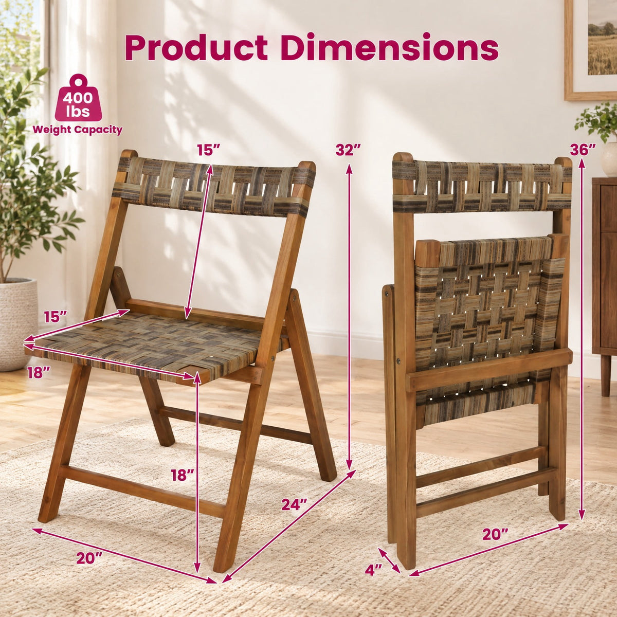 Airfind Teak Folding Chairs Set of 2 with Hand, Chair 400 lbs Capacity, Teak Wood PE Rattan Frame, 24 x 20 x 32 Footprint, of Rattan Mix Brown