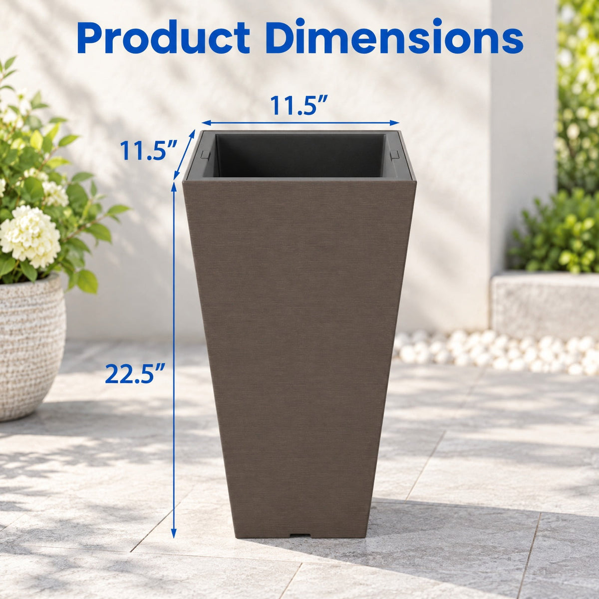 Airfind Set of 2 Square Taper Planter with Removable Inner Bucket and Optional Drainage Hole, PP Frame, 11.5 x 11.5 x 22.5 Footprint, Brown