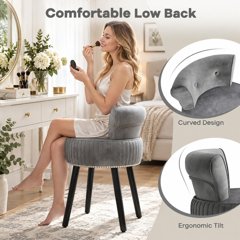 Airfind Velvet Vanity Chair with Back Upholstered Vanity Stool with Tufted Low Back and Solid Wood Legs, 234 lbs Capacity, Rubber Wood Frame, Gray