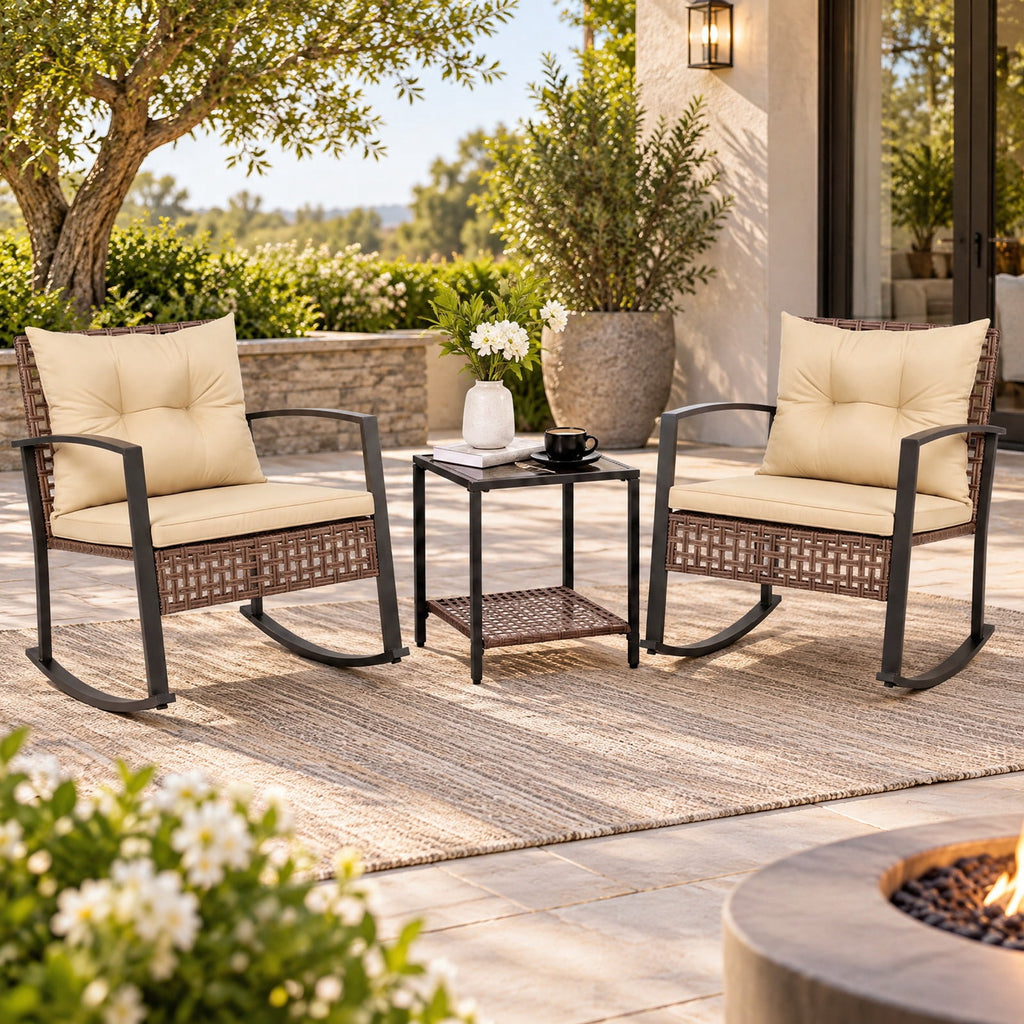 Airfind 3-Piece Outdoor Rocking Chair Set, 100 lbs Capacity, PE Rattan Metal Glass Polyester Non-woven Fabric Sponge Frame, Brown