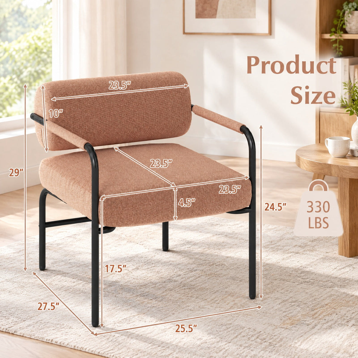 Airfind Velvet Upholstered Accent Chair with Cylindrical Backrest and Metal Armrests, 330 lbs Capacity, Velvet Metal Sponge Frame, Brown