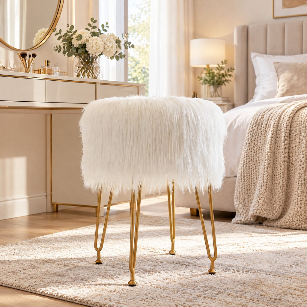 Airfind Faux Fur Vanity Stool Chair with Metal Legs for Bedroom and Living Room, 330 lbs Capacity, Faux Fur Sponge Metal MDF Plywood Frame, White