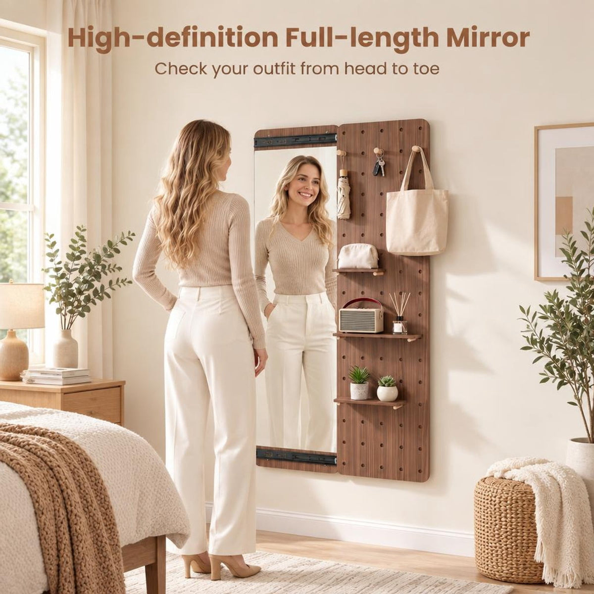 Airfind Solid Wood Full Length Mirror with Pegboard Shelves and Hooks for Entryway, Solid Wood Glass Frame, 16 x 5.5 x 55 Footprint, Brown