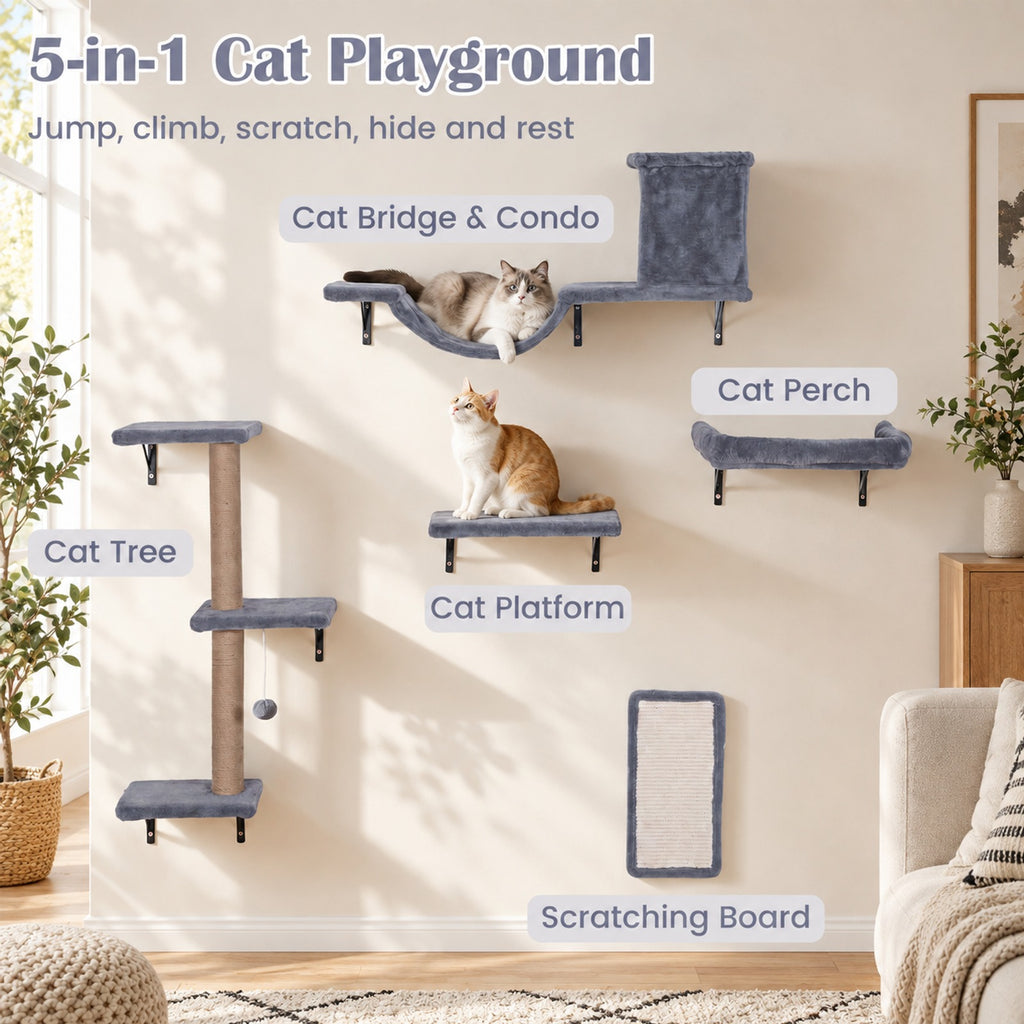 Airfind 5-in-1 Cat Wall Shelves with Condo Bridge Perch Platform Scratching Post and Board for Indoor, 22 lbs Capacity, Gray