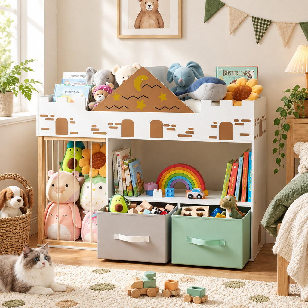 Airfind Toy Storage Organizer with Stuffed Animal Storage and Open Shelves, 35 lbs Capacity, Engineered Wood Pine Wood Cotton PP Frame, White